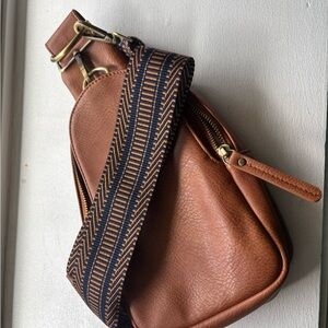 Anthropologie Tan Brown Leather Crossbody with Patterned Strap
